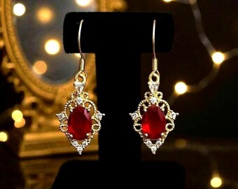 24k gold plated earrings, red Art deco earrings, Bridgerton earrings, Ruby Bridal jewelry set, 1920s jewelry, Bridesmaid earrings