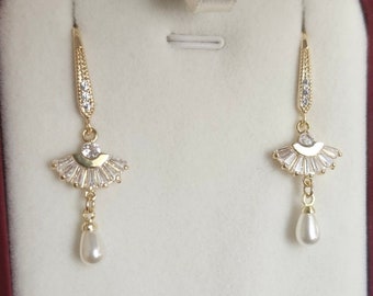 Gold Plated Art Deco Pearl Bridal Earrings, Cubic Zirconia Crystal Fan