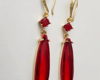 Pendientes rojos chapados en oro de 18 quilates, pendientes rojos de lágrima, pendientes de novia con rubí, pendientes rojos de dama de honor, pendientes rojos largos de gota