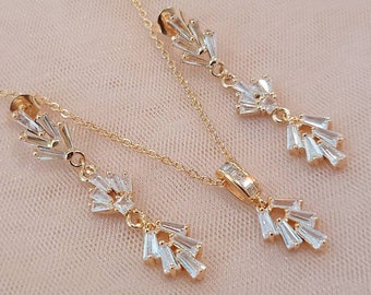 Conjunto de joyería nupcial de cristal Art Déco, dorado champán, con collar y pendientes Gatsby.