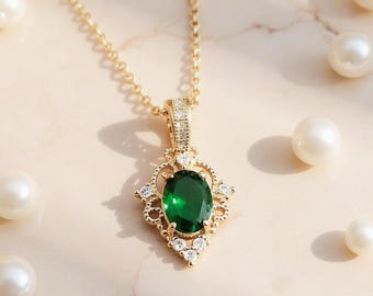 18k Gold Plated Emerald Necklace, Art Deco Bridal Pendant