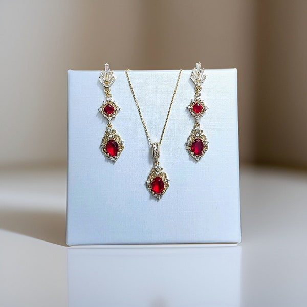 Red Art deco earrings and necklace, Ruby Bridal jewelry set, 1920s jewelry, art nouveau, Gatsby, Elegant dainty, drop dangle earrings