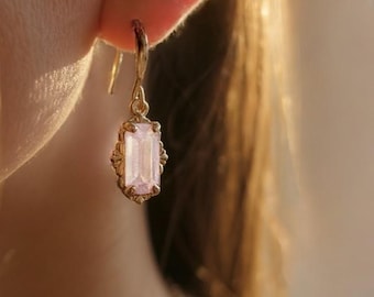 Blush Pink Art Deco Dangle Earrings, Gold Plated