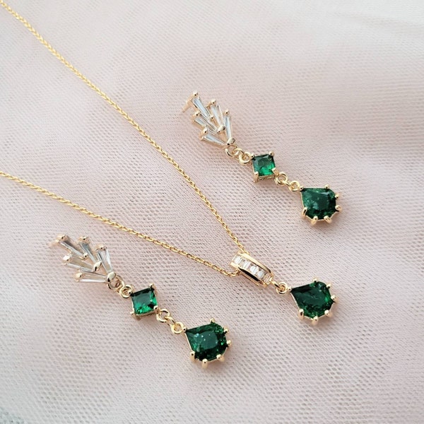 Art deco crystal emerald earrings and necklace set, Green dangle Bridal jewelry, Gatsby 1920s art nouveau Bridesmaid Christmas for her