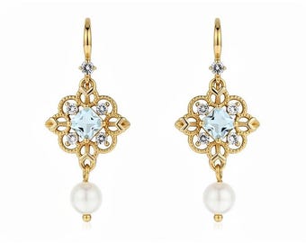 18k Gold Plated Art Deco Earrings, Aquamarine Pearl Dangle