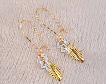 Gold Art Deco Dangle Earrings, Cubic Zirconia, 1920s Style