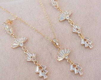 18k Gold Plated Art Deco Jewelry Set, Crystal Fan Earrings and Necklace