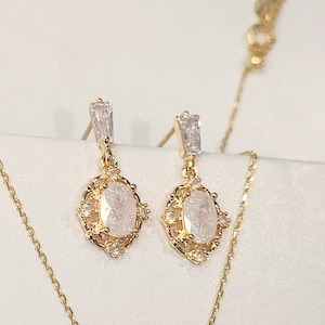 Dainty oval crystal earrings, Gold plated Bridal jewelry set, Minimalist earrings, Gatsby earrings and necklace, filigree earrings, studs