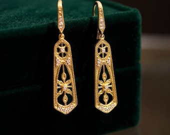 18k Gold Plated Art Deco Dangle Earrings, Cubic Zirconia