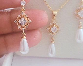Pendientes colgantes de perlas chapados en oro de 24 k, conjunto de joyas nupciales Art Deco, pendientes de perlas para novias