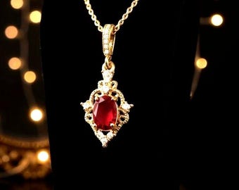 24-karätig vergoldete Kette, rote Art-déco-Halskette, Brautschmuck von Bridgerton Ruby, Schmuck aus den 1920er-Jahren, Halskette für Brautjungfern, Halskette für die Weihnachtsgala