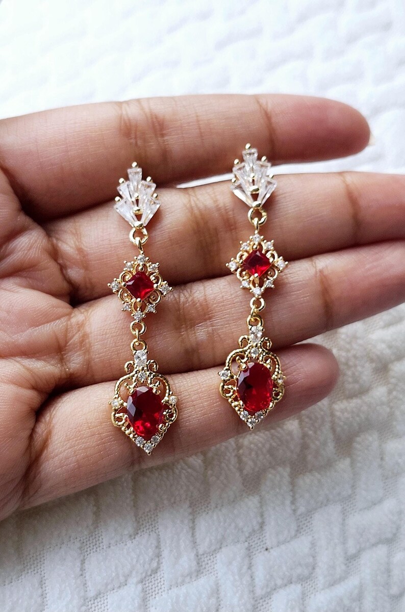 Red art deco earrings and necklace set; red art deco jewelry set, Red bridal jewelry set, Red bridesmaid jewelry set