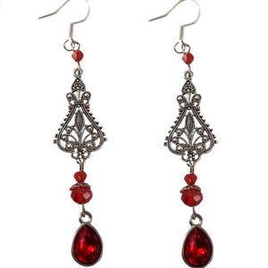 Red Christmas earrings,  red vintage drop earrings, red dangle earrings, Red Art deco earrings, Red 1920s earrings, silver