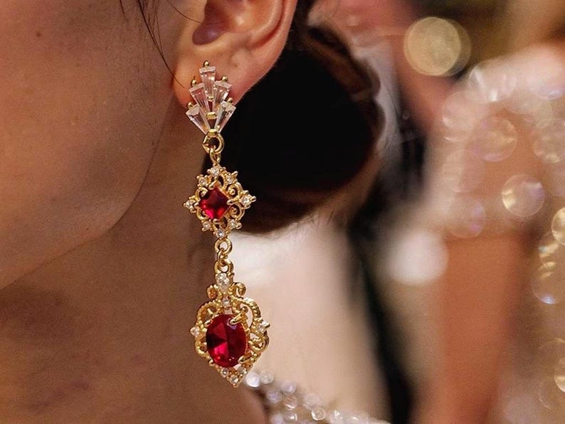 Rote Art-déco-Ohrringe, rote Bridgerton-Ohrringe, Brautschmuck mit Rubin, Schmuck der 1920er Jahre, roter Jugendstilschmuck Bild 3