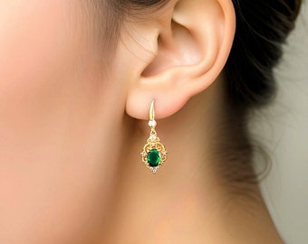 Art deco earrings Vintage, Gold dangle drop earrings, 1920s jewelry, Art nouveau, Emerald earrings, Gatsby wedding, emerald necklace