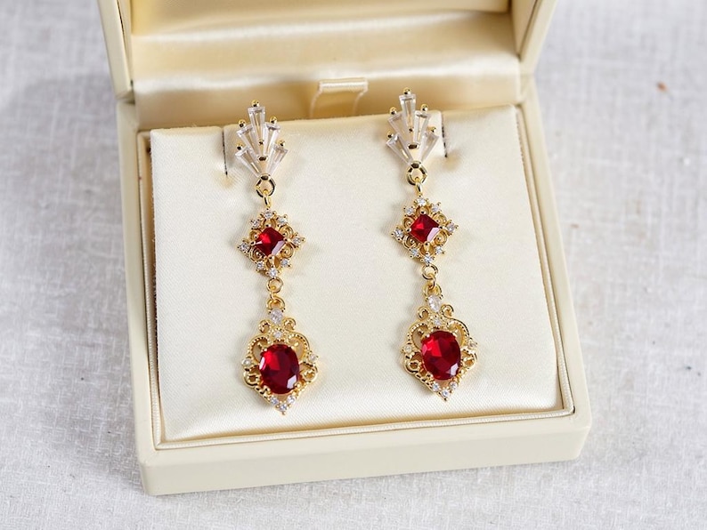 Rote Art-déco-Ohrringe, rote Bridgerton-Ohrringe, Brautschmuck mit Rubin, Schmuck der 1920er Jahre, roter Jugendstilschmuck Earrings