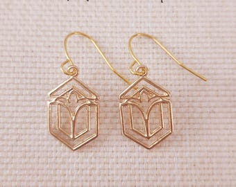Gold Plated Frank Lloyd Wright Earrings, Geometric Art Deco Style