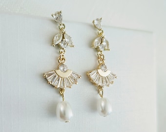 Art Deco Perlenohrringe, Vergoldete Brautohrringe mit 6 mm natürlichen Süßwasserperlen, Vintage Fächerohrringe, Hochzeitsschmuck
