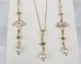 Emerald Art Deco Pearl Necklace and Earrings Set, Gatsby Style