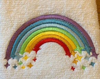 Rainbow Stars Face cloth, Childs Wash cloth, Kids Flannel, Embroidered Face cloth, Rainbow gifts, Birthday Gifts, Christmas gift