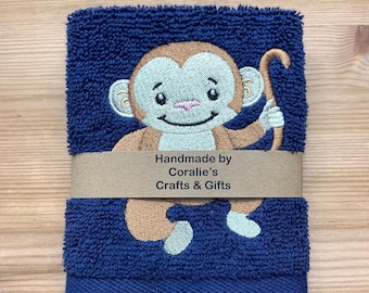 Monkey Face cloth, Childs Wash cloth, Kids Flannel, Machine Embroidered Face cloth, Gifts for animal lovers, Birthday Gifts, Christmas gifts