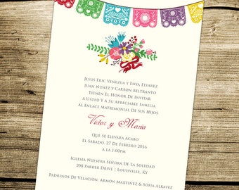 PRINTABLE Wedding Invitation - Mexican Fiesta Pennant Cut out Flags - Papel Picado - Bright Colors - Invite