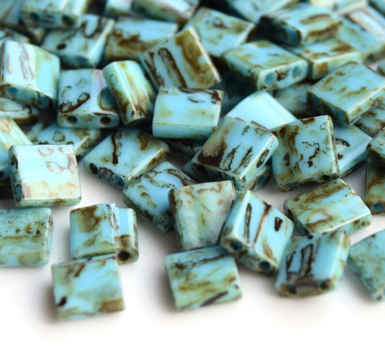 Beads 5*5mm 5 or 10 grams Green tila Green 2 hole bead flat square bead. Miyuki Tila TL-4514 Opaque Picasso Turquoise Blue