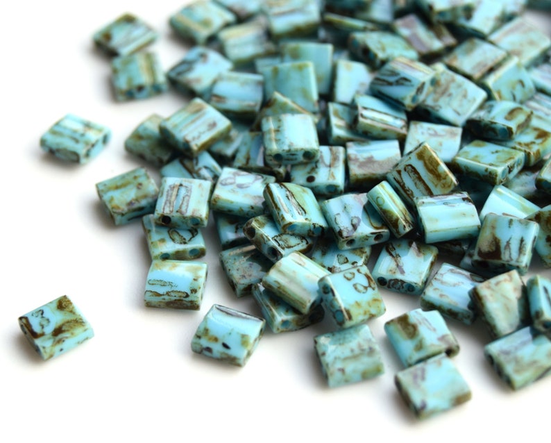 Beads 5*5mm 5 or 10 grams Green tila Green 2 hole bead flat square bead. Miyuki Tila TL-4514 Opaque Picasso Turquoise Blue