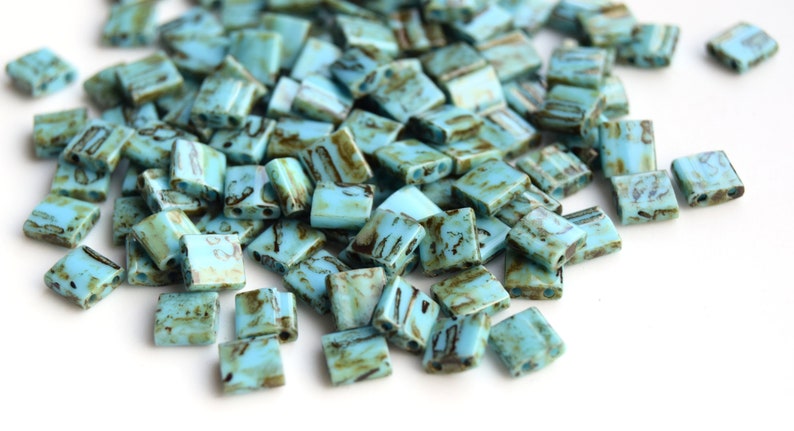 Beads 5*5mm 5 or 10 grams Green tila Green 2 hole bead flat square bead. Miyuki Tila TL-4514 Opaque Picasso Turquoise Blue