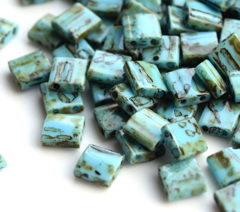 Beads 5*5mm 5 or 10 grams Green tila Green 2 hole bead flat square bead. Miyuki Tila TL-4514 Opaque Picasso Turquoise Blue