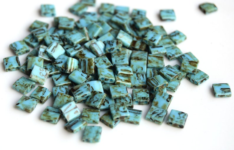 Beads 5*5mm 5 or 10 grams Green tila Green 2 hole bead flat square bead. Miyuki Tila TL-4514 Opaque Picasso Turquoise Blue