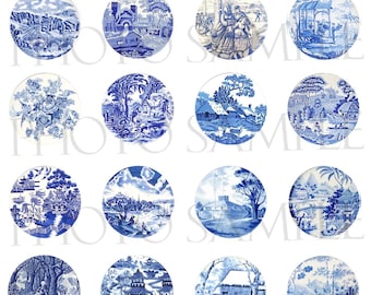 30mm ANTIQUE BLUE CHINA Digital Circles, Instant Download, Blue Willow, Pdf & Jpg files, Bottle Cap Jewelry, Magnets, Stickers
