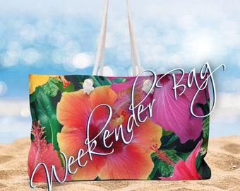 Hibiscus Floral Weekender Bag, Beach Bag, Boho Weekender bag, Cottagecore Tote, Weekend Bag, Hibiscus Tote Bag, Canvas Tote Bag