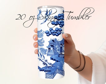 Vaso flaco de 20 oz con patrón de China sin costuras de sauce azul antiguo con pajita
