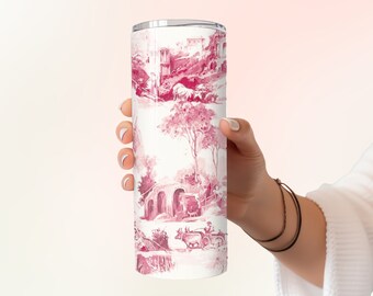 Antique Pink & White RURAL FARMLAND Pattern 20oz Skinny Tumbler with Straw, 20oz