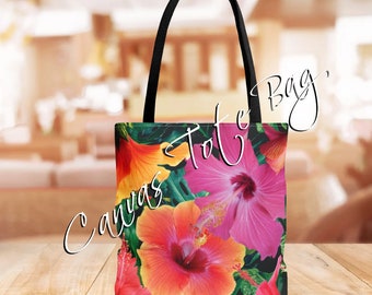 Hibiscus Floral Canvas Tote Bag, Bolsa de playa, Bolsa de comestibles, Bolsa de mano para computadora portátil, Bolsa de fin de semana, Tote escolar, Bolsa de hombro, Bolsa de maquillaje, Tote floral