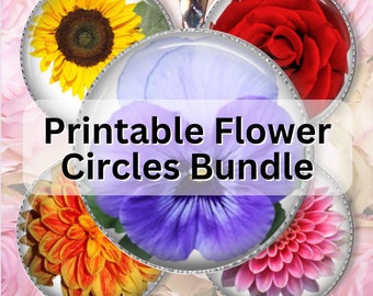 Flower Bundle Printable Circles for Flower Stickers and Flower DIY Jewelry Making, 8 Files, 4 Sizes, PNG and JPG