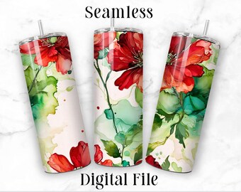 Red Green Alcohol Ink Flowers 20oz Sublimation Tumbler Seamless Design Straight Skinny Tumbler Wrap Seamless PNG File