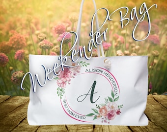 BEST MOM Personalize Rose Weekender Bag, Beach Bag, Boho Weekender Bag, Cottagecore Tote, Weekend Bag, Rose Mom Gift Tote Bag, Overnight Bag