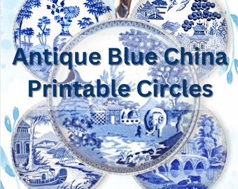 Paquete digital ANTIQUE BLUE CHINA que incluye Blue Willow Ready to Print Circles Descarga instantánea 8 archivos 4 tamaños formatos Png y Jpg