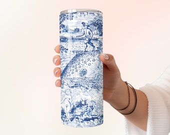 Antique Blue & White FARMING Seamless China Pattern 20oz Skinny Tumbler with Straw, 20oz