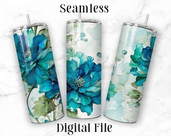 Blue and Green Flowers 20oz Sublimation Tumbler Seamless Design Colorful Teal  Straight Skinny Tumbler Wrap Seamless PNG