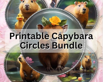 Capybara Digital Bundle of Circle Stickers for Download and Printing, 3 Sheets, 3 sizes, PNG Files