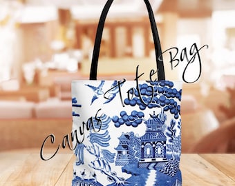 Blue Willow Antique China Pattern Canvas Tote Bag, Bolsa de playa, Bolsa de comestibles, Bolsa de mano para computadora portátil, Bolsa de fin de semana, Tote escolar, Bolsa de hombro