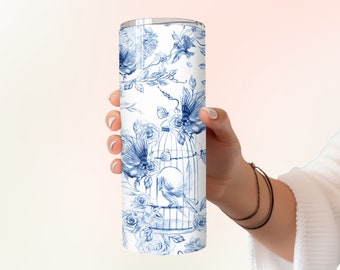 Vintage Blue & White Bird Cage Toile Seamless China Pattern 20oz Skinny Tumbler with Straw, 20oz