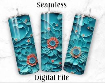 3D Turquoise Flowers 20oz Sublimation Tumbler Designs, 9.2 x 8.3” Straight Skinny Tumbler Wrap PNG Seamless