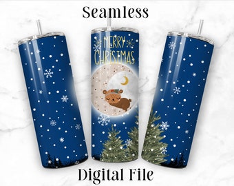 Christmas Bear 20oz Sublimation Tumbler Designs, Sleepy Moon Bear 9.2 x 8.3” Straight Skinny Tumbler Wrap PNG