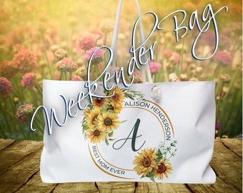 BEST MOM Personalize Sunflower Weekender Bag, Beach Bag, Boho Weekender Bag, Cottagecore Tote, Weekend Bag, Sunflower Overnight Tote Bag