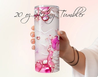 Vaso delgado con pajita de 20 oz con patrón de arte de flujo sin costuras de perlas rosas