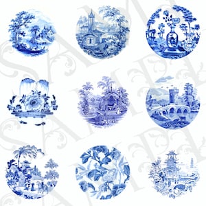 Vintage Blue Willow China Graphics Jewelry Circles Download Images Bundle of 8 files Png Jpg zdjęcie 4